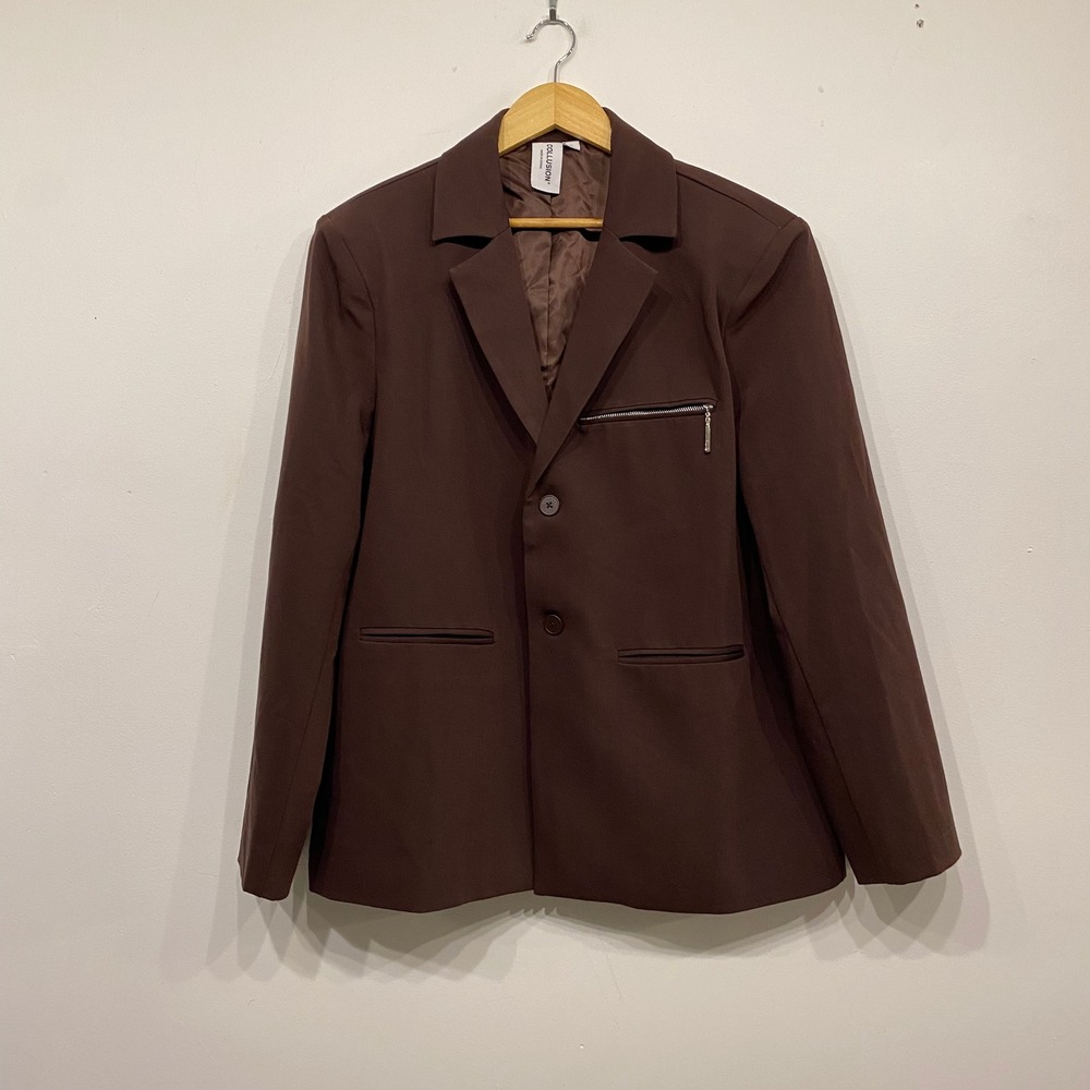 Collusion Brown Zipper Detail Blazer Small Oversized Chocolate Notched Lapel